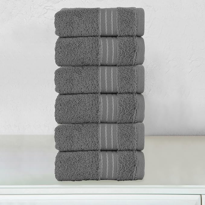 Elegant Comfort Premium Turkish Cotton 6 Pack Washcloths Set - 13 x 13 inch, Luxurious Hotel Spa Quality 100% Turkish Cotton 6PC Washcloth Set - Highly Absorbent - Soft Bathroom Towels, Grey