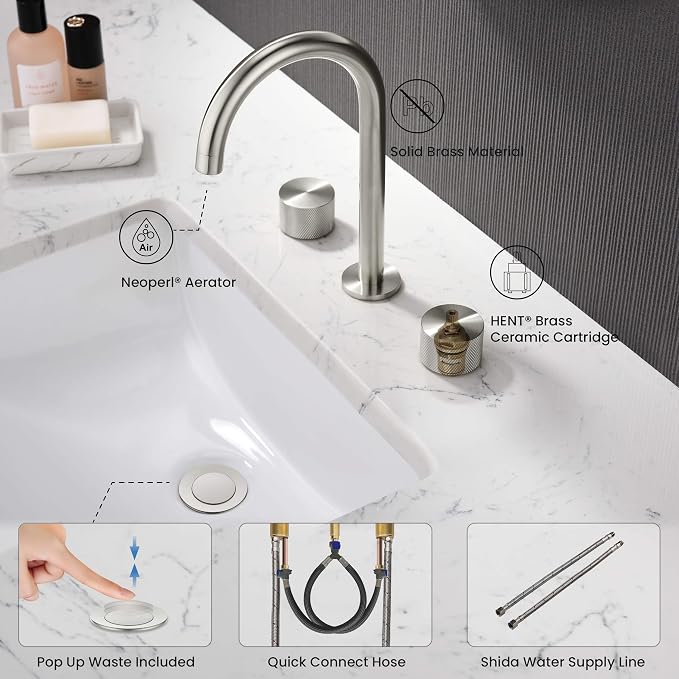 2-Handle 8" Widespread Bathroom Sink Faucet with Drain Assembly, Solid Brass 3-Hole Lavatory Faucet | Circular X Design | Corrosion-Resistant with Smooth Water Flow (Brushed Nickel, KBF1026)