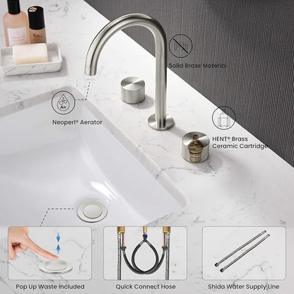 2-Handle 8" Widespread Bathroom Sink Faucet with Drain Assembly, Solid Brass 3-Hole Lavatory Faucet | Circular X Design | Corrosion-Resistant with Smooth Water Flow (Brushed Nickel, KBF1026)