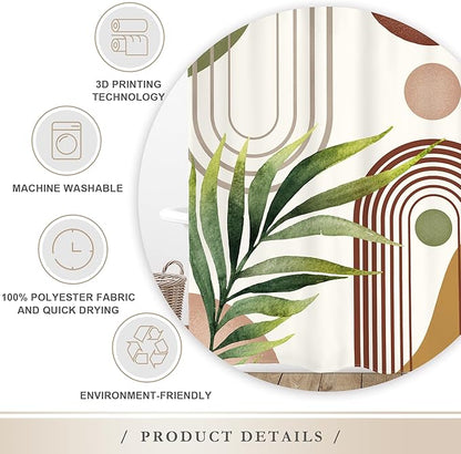 Glawry Green Brown Boho Shower Curtain Abstract Mid Century Plant Tropical Leaves Modern Geometric Bathroom Minimalist Arch Curve 60Wx72L Inches Bath Accessories Art Home Decor Fabric 12 Pack Hooks