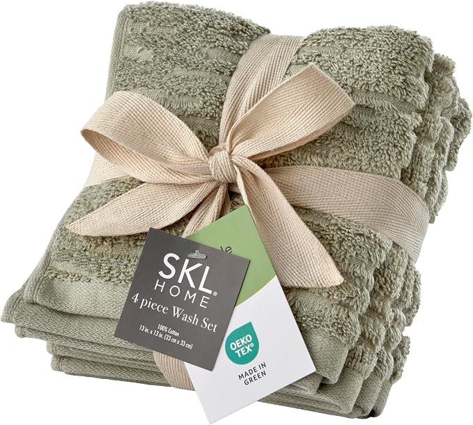 SKL Home CloudSoft Washcloth Set, 4-Piece, 100% Cotton Luxury, Sage | Premium spa-level quality. 520 GSM weight. Ultra plush & absorbent.