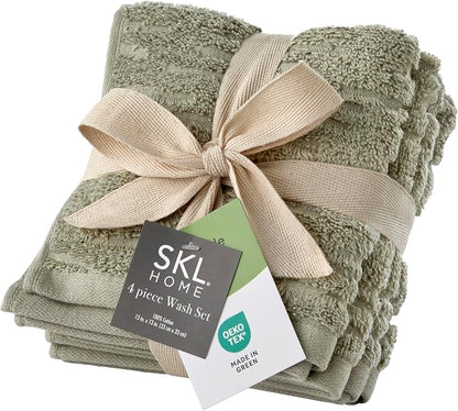 SKL Home CloudSoft Washcloth Set, 4-Piece, 100% Cotton Luxury, Sage | Premium spa-level quality. 520 GSM weight. Ultra plush & absorbent.