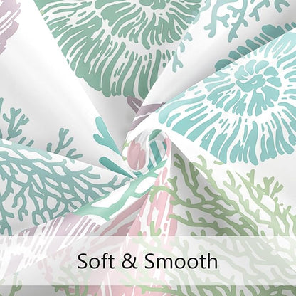 Long Shower Curtain 72 x 78 Inch, Tall Pink Green Nautical Coastal Fabric, Summer Tropical Seashell Starfish Coral Beach Ocean Themed for Bathroom Decor