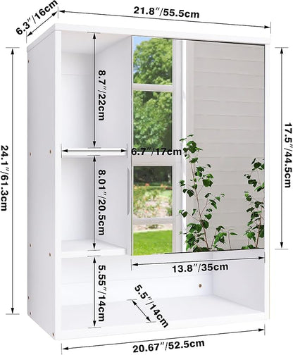 SMIBUY Bathroom Mirror Cabinet Wall Mounted, Bamboo Space Saver Medicine Cabinet, Wall Hanging Over Toilet Storage Cabinet with Mirror Door and Adjustable Shelf (White)