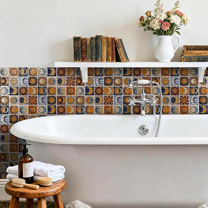 24PCS Sun Moon Talavera Style Tile Stickers 6x6in | Peel and Stick Waterproof Backsplash Tiles for Kitchen Bathroom DIY Decor