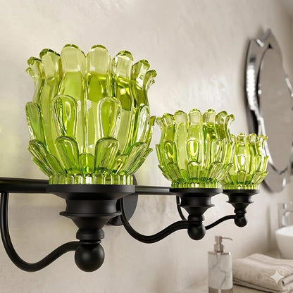 3-Light Bathroom Vanity Light Fixture Wall Mounted Mirror Front Lamp | with Water-Lily Shaped Green Crystal Glass Shade, Modern Black Antique Finish Lamp for Mirror Kitchen Living Room Hallway