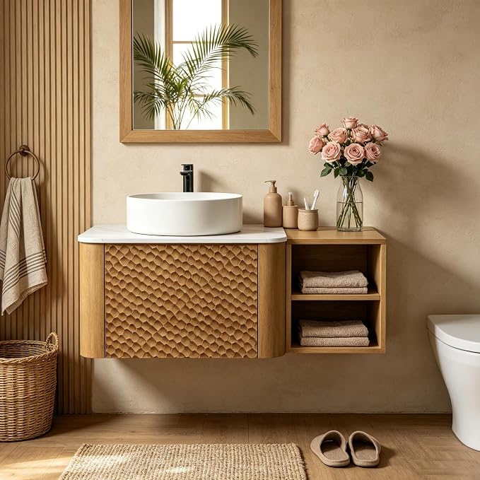 36 Inch Modern Bathroom Vanity with Ceramic Sink, Floating Bathroom Sink Cabinet with Sintered Stone Top&Solid Wood Hammered Frame, Single Bathroom Vanities w/Soft-Close Drawer&Side Open Cube