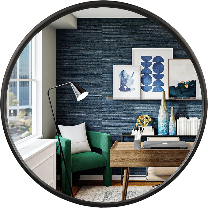 Black Round Wood Mirror 24 inch Circle Wall Mirror for Bathroom Round Wall Mirror for Wall Decor, Vanity, Entryway Living Room