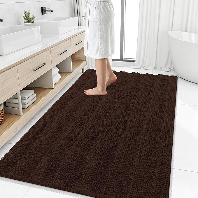 Smiry Thick Chenille Large Bathroom Runner Rugs 50x30, Soft Bath Mat, Brown | Quick‑Dry & Machine Washable, Non‑Slip Bath Carpet, Striped Bath Rugs for Tub & Shower, Modern Home Decor Accessories