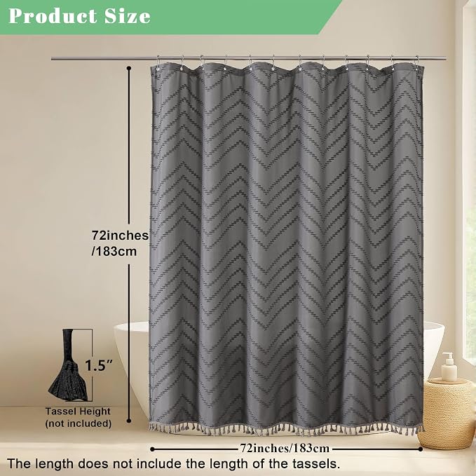 Boho Shower Curtain, Grey Fabric Cloth Shower Curtains Farmhouse Tufted Chevron Striped Textured with Tassel for Bathroom, Soft Hotel Style Modern Minimalist, Machine Washable, 72x72, Grey