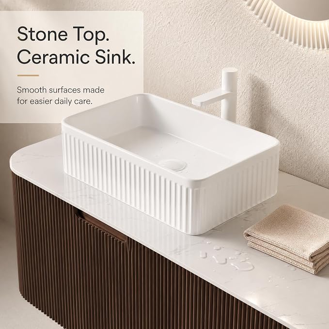 60 Inch Double Sink Bathroom Vanity, Floating Wall Mounted Cabinet, Dark Walnut Curved Fluted Front, Stone Top, Dual White Textured Rectangular Vessel Basins, Pre-Assembled