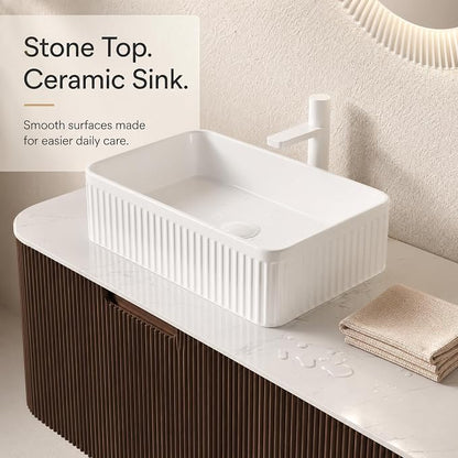 60 Inch Double Sink Bathroom Vanity, Floating Wall Mounted Cabinet, Dark Walnut Curved Fluted Front, Stone Top, Dual White Textured Rectangular Vessel Basins, Pre-Assembled