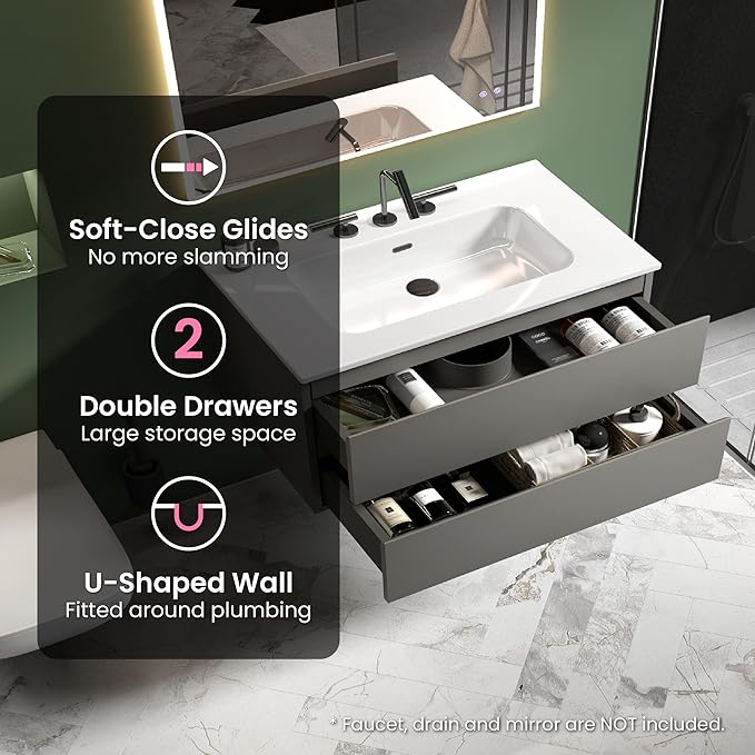 36" Bathroom Vanity with Sink, Modern Floating Vanity with Double Soft-Closing Drawers, Large Storage for Small Space, Space Gray, Fully Assembled - Iris Collection
