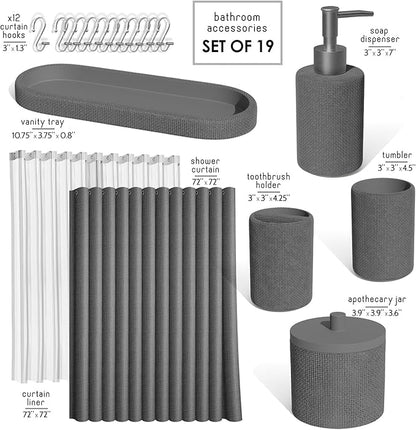 Clara Clark Bathroom Set - Grey Bathroom Accessories Set, 19PC Bathroom Accessory Set, Bathroom Sets with Shower Curtain Set, Soap Dispenser & Toothbrush Holder