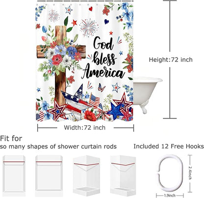 4th of July Shower Curtain Patriotic Red White and Blue Floral Star Shower Curtains Waterproof Bath Curtains with 12 Hooks for Memorial Day Independence Day Home Bathroom Decor, 72 x 72 Inches