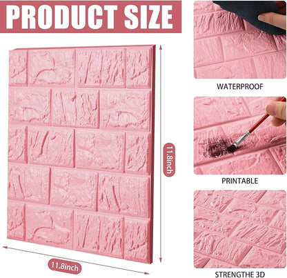 30 Pcs 3D Wall Panels Peel and Stick Wallpaper Foam, Elegant Pink | Faux Brick Stone Tiles, Covering 28.8-48.4 Sq ft, Self Adhesive Waterproof Panels for Bedroom Living Room Kitchen Walls