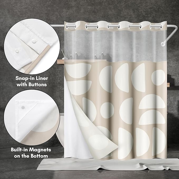 Americanflat 72x75 Hookless Shower Curtain - Water-Resistant Modern Shower Curtain with Sheer Panel, Snap-in Liner, and Durable Grommets - 100% Polyester - Warm Beige and Ivory