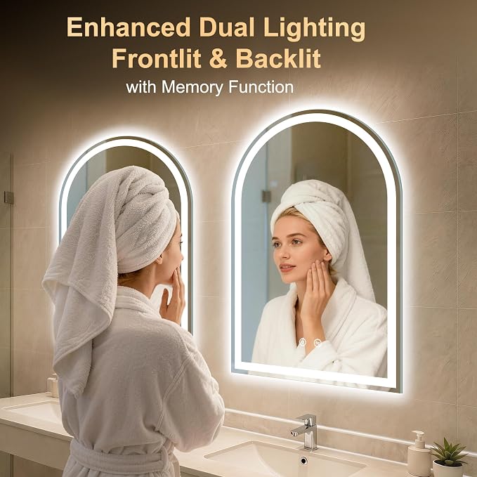 Arched LED Lighted Bathroom Mirror with Lights 24"x36"Smart Anti-Fog | Dimmable 3 Color Modes, Backlit and Front Lit, Memory Function, HD Tempered Glass,Touch Sensor