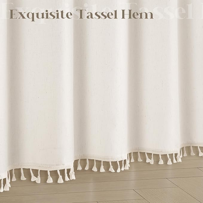 Cream Linen Shower Curtain with Tassels Water Repellent 72x96 Inch | Modern Elegant Bohemian Country Minimalist Style, Bathroom Decor Shower Curtains, Ivory Natural, Fabric Drapes, with Hooks