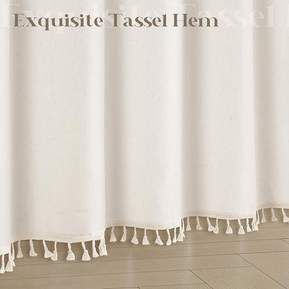 Cream Linen Shower Curtain with Tassels Water Repellent 72x72 Inch | Modern Elegant Bohemian Country Minimalist Style, Bathroom Decor Shower Curtains, Ivory Natural, Fabric Drapes, with Hooks