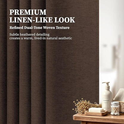 108x72 Linen Textured Waterproof Thick Cloth Shower Curtain Set, Brown | Extra Wide Size, 230GSM Polyester, Heavy Duty Fabric, Weighted Hem, 18 Plastic Hooks, Modern Hotel Style, Machine Washable