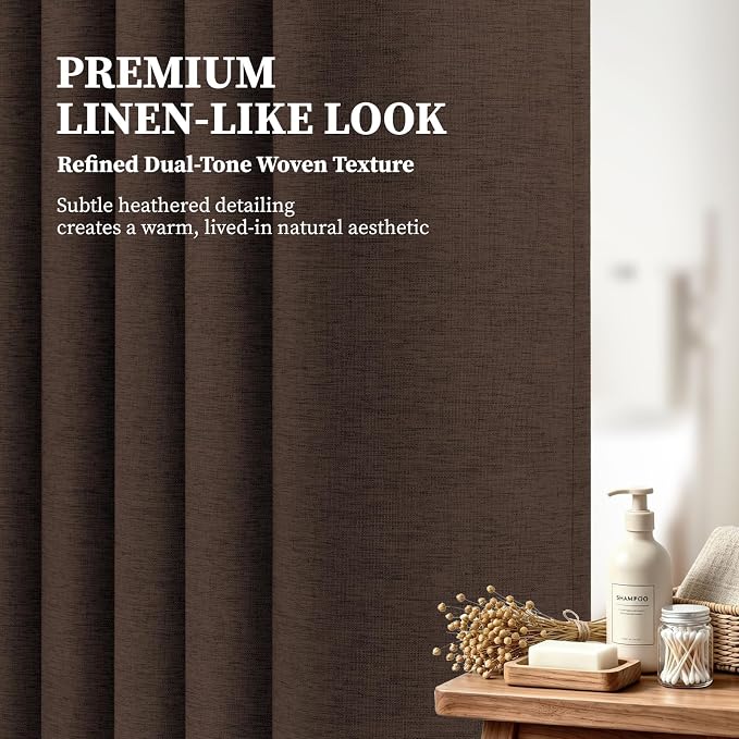 60x72 Linen Textured Waterproof Thick Fabric Shower Curtain Set, Brown | Narrow Size, 230GSM Polyester, Heavy Duty Cloth, Weighted Hem, 10 Plastic Hooks, Modern Luxury Hotel Style, Machine Washable