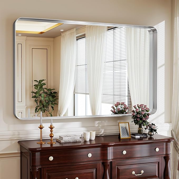 Bathroom Mirrors for Over Sink 30 x 48 Inch Rounded Rectangle Bathroom Vanity Mirror Bathroom Mirror for Wall Hangs Horizontally or Vertically for Living Room Bedroom Entryway Silver