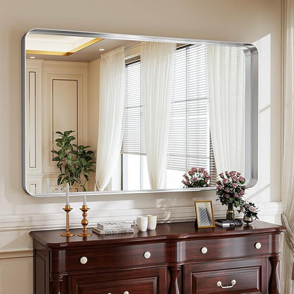 Bathroom Mirrors for Over Sink 30 x 48 Inch Rounded Rectangle Bathroom Vanity Mirror Bathroom Mirror for Wall Hangs Horizontally or Vertically for Living Room Bedroom Entryway Silver