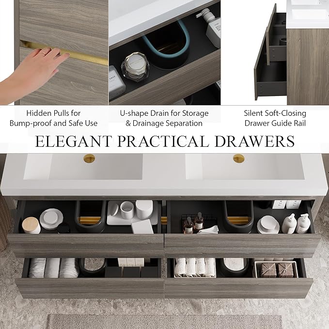 60" Wall-Mounted Bathroom Vanity, Double Sink Floating Cabinet with Stone Resin Countertop & Soft-Close Drawers, Modern Floating Storage Solution,Ash Grey