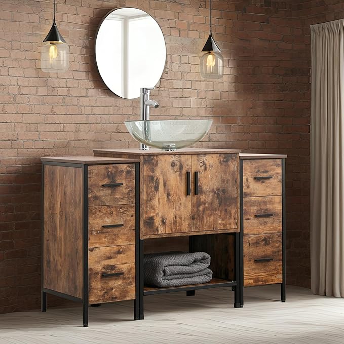 UEV 48" Antique Bathroom Vanity, Dark Brown Bathroom Vanity Set with Sink and 3 Drawers Side Cabinet Combo, Iron Wood Bathroom Cabinet with Adjustable Water Temperature Faucet (A16)