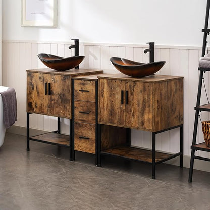 UEV Rustic Brown 60" Double Bathroom Vanity with Sink Combo,Industrial Iron Frame 2 Main Bathroom Vanity with Middle 3 Drawers Cabinet,Modern Brown Boat Tempered Glass Vessel Sink(029BR)