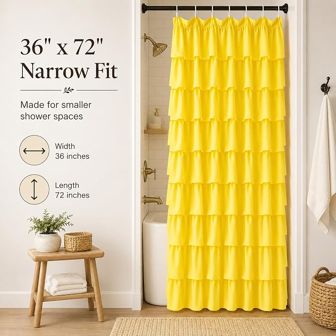 Yellow Shower Curtains for Bathroom, 36x72 Inch, Cascading Tiered Ruffles | Soft Ruffled Edge Detailing, 36 x 72, Delicate Ruched Microfiber Texture, 12 Hooks Included, Machine Washable, Bathroom Focal