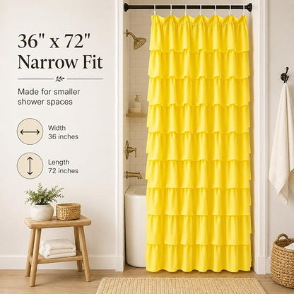 Yellow Shower Curtains for Bathroom, 36x72 Inch, Cascading Tiered Ruffles | Soft Ruffled Edge Detailing, 36 x 72, Delicate Ruched Microfiber Texture, 12 Hooks Included, Machine Washable, Bathroom Focal