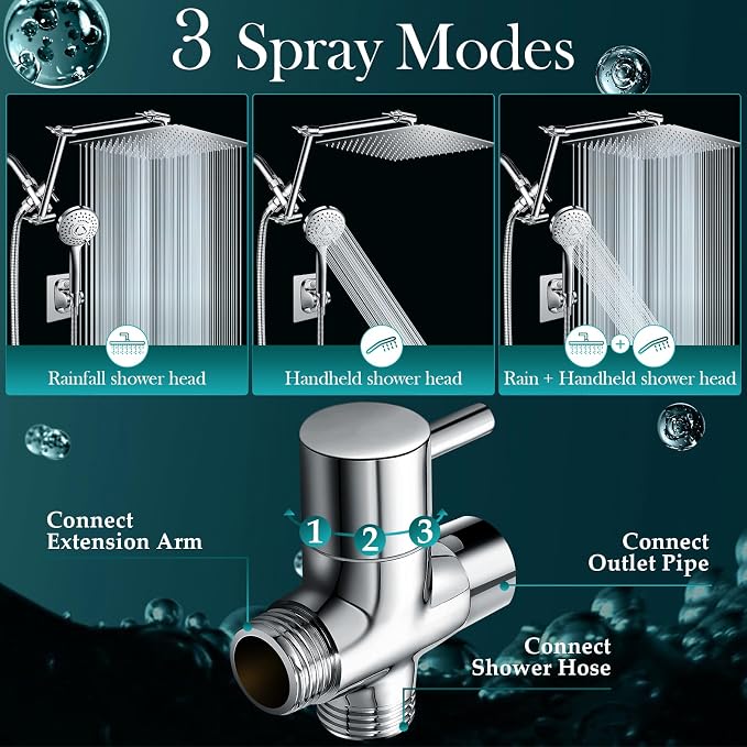 12 Inch Rain Shower Head Combo,5 Spray Handheld with 16" Extension Arm | High Pressure Rainfall Showerhead with Flexible Adjustment of Height/ Angle Upgraded Extender Arm, Anti-leak (Chrome)