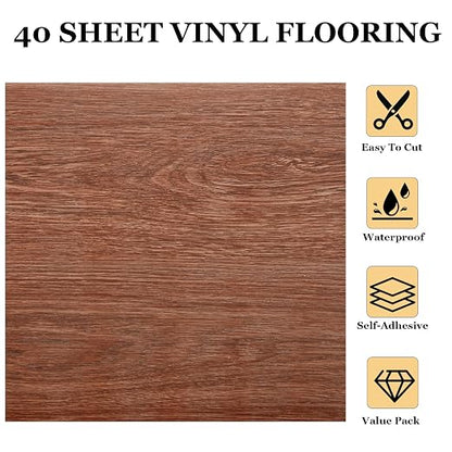 40 Sheet Vinyl Flooring 12” x 12” Peel and Stick Floor Tile Waterproof Walnut Wood Vinyl Floor Tiles Clearance Self Adhesive Floor Tiles Sticky Laminate Flooring Stick on Bathroom Kitchen RV