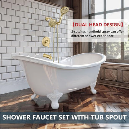 Aolemi Tub Shower Faucet Set Dual 8 Mode Head Valve Kit Brushed Gold | Valve and Trim Kit, ABS Shower Head and Handheld System, Bathroom Bath Tub Spout 6.3",SUS304,Single Handle