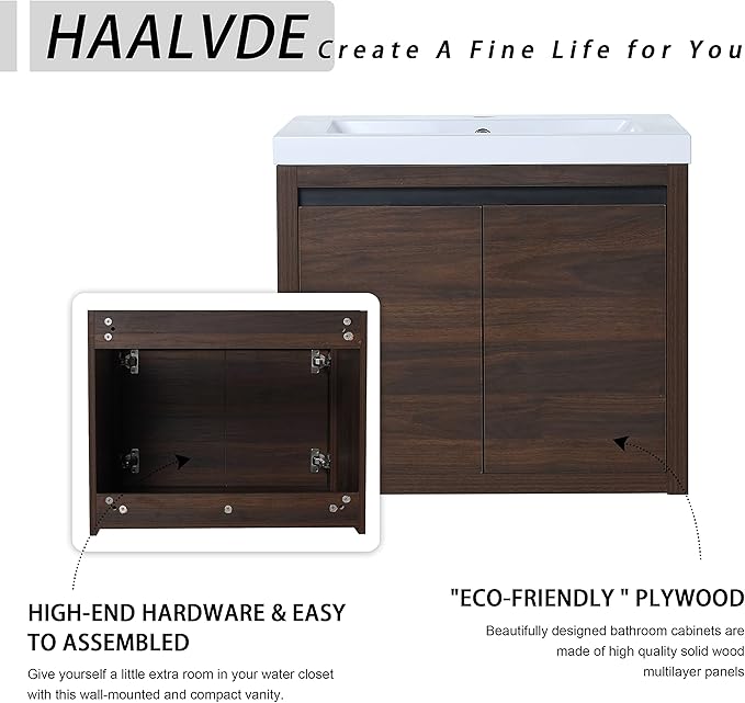 24 Inch Bathroom Vanity with Sink, 24" Floating Vanity, Premium Plywood Wooden Bathroom Cabinet with 2 Doors, Modern Wall Mounted Cabinet Set with White Ceramic Sink, Silent Operation (Brown)