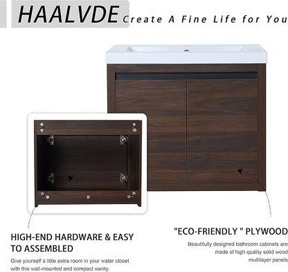 24 Inch Bathroom Vanity with Sink, 24" Floating Vanity, Premium Plywood Wooden Bathroom Cabinet with 2 Doors, Modern Wall Mounted Cabinet Set with White Ceramic Sink, Silent Operation (Brown)