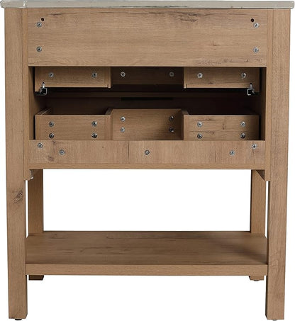 SSLine Free Standing Bathroom Vanity with Sink Modern 30" Bathroom Vanity with Top Basin&Storage Drawers Oak Wood Bath Vanity w/Black Ceramic Sink for Small Bathroom Powder Room
