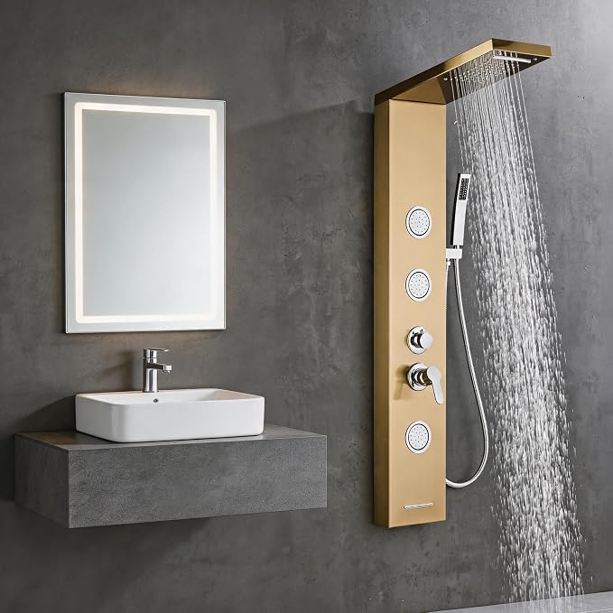 5-In-1Shower Panel Tower System-Brushed Gold | 304 stainless steel Shower Panel Column Tower With Powerful Body Jets,Body Spray,Rainfall,Waterfall,Handheld And Tub Spout