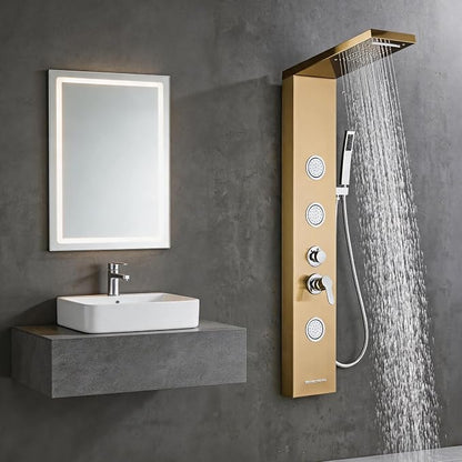 5-In-1Shower Panel Tower System-Brushed Gold | 304 stainless steel Shower Panel Column Tower With Powerful Body Jets,Body Spray,Rainfall,Waterfall,Handheld And Tub Spout