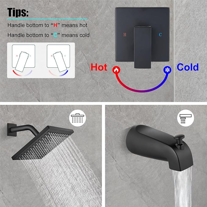 Heyalan 8 Inch Shower Faucet Set with Tub Spout and Valve,Matte Black | 8-inch square rainfall head, tub spout with diverter, male-thread rough-in valve, single-handle control and wall-mount design