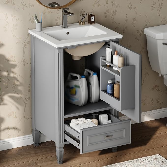 Merax 20 Inch Small Bathroom Vanity with Sink, Vanity Cabinet with Bottom Drawer and Door Rack Organizer, Adjustable Shelf, Grey