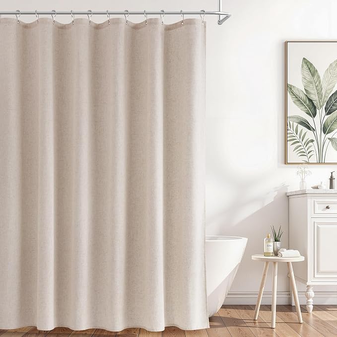 Extra Long Linen Shower Curtain 84 Inch Long for Bathroom Shower Curtains Set with Hooks Boho Farmhouse Fabric Neutral Cloth Modern Cottage Core Waterproof,Cream Beige