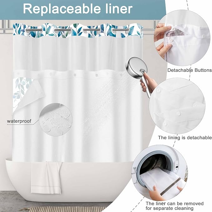 No Hook Shower Curtain and Liner Set, Dark Blue Eucalyptus 71x84 | Floral Design, with Snap in Liner, See-Through Top Window, Waterproof, Machine Washable, Quick-Drying, for Hotel Bathroom