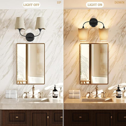 Morauroral Bathroom Light Fixtures Over Mirror, 2 Light Vanity Light for Bathroom, Black Vanity Light Fixtures with Fabric Linen Shade, E26 Socket Sconce Wall Decor(ETL Listed)