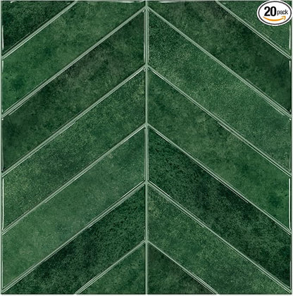 MORCART 20PCS 11.8"x11.8" Herringbone Peel and Stick Backsplash | Dark Green, 3D Adhesive Waterproof Wall Tiles for Kitchen, Bathroom, Living Room, Laundry Room, Subway Tiles