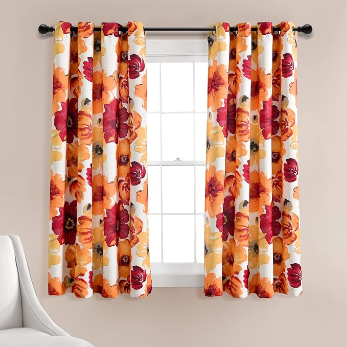 Lush Decor Leah Light Filtering Window Curtain Panels, Pair, 52" W x 63" L, Red & Orange - Floral Drapes for Bedroom - Orange Curtains - Farmhouse Decor