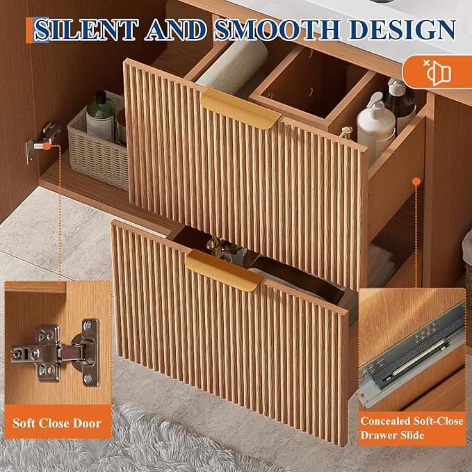 36 Inch Bathroom Vanity with Sink, Modern Fluted Single Ceramic Vanity | Soft-close, Bath Room Cabinet with Divided Drawers, Wall-Mounted Modern Storage Vanity for Small Space, Hotels, Office