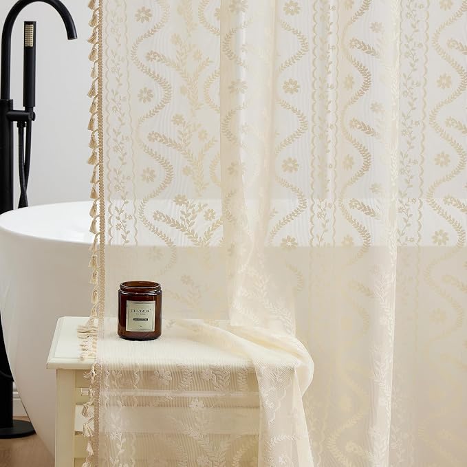 WAZZIO Vintage Lace Shower Curtain for Bathroom 72" W x 72" L, Victorian Farmhouse Floral Pattern Tassel Fancy Shower Curtain Boho Washable Cloth Decorative Bath Curtains,1 Panel